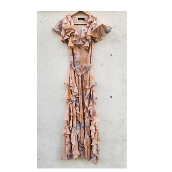 Lauren Ralph Lauren Floral Crinkled Georgette Gown in Blush Multi - Picture 2 of 8